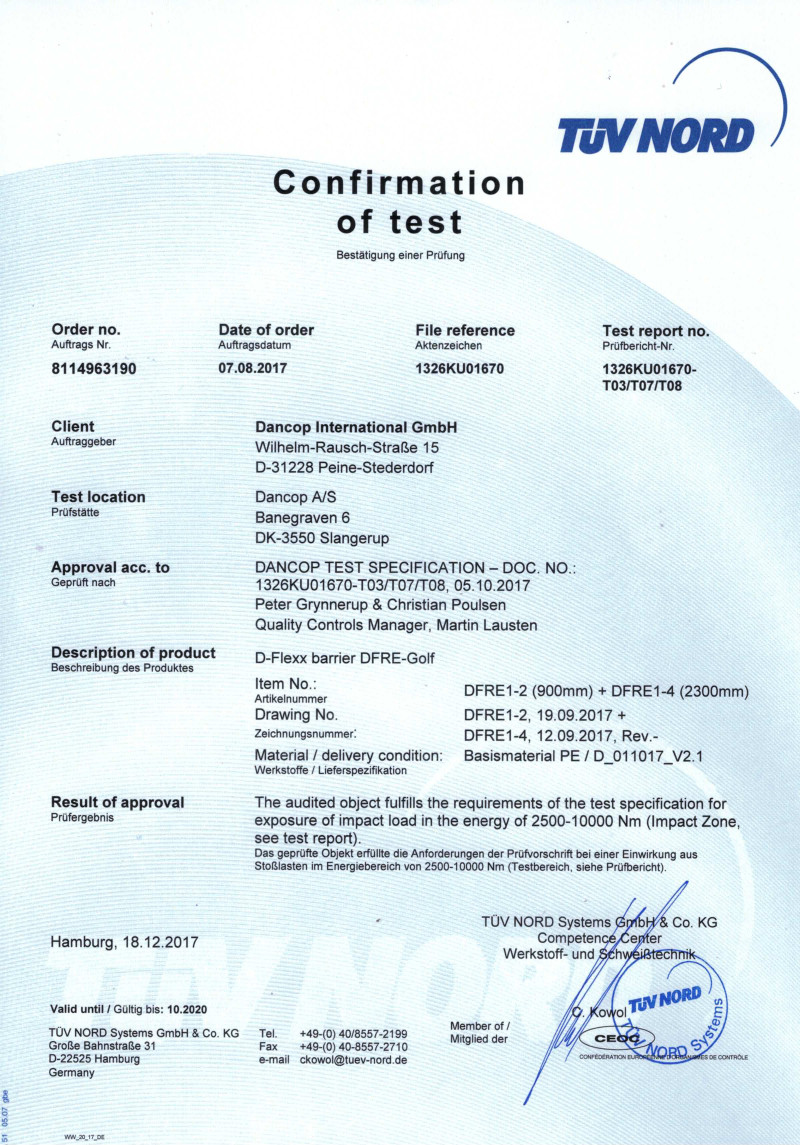 Certyfikat TÜV - elastyczne odbojnice GOLF